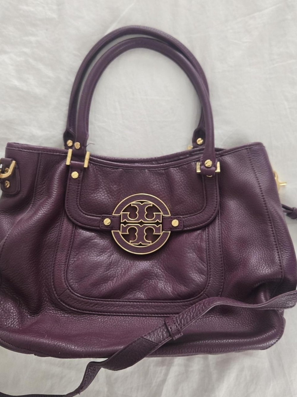 Tory Burch Plum Pebbled Leather Shoulder Bag with Gold Logo